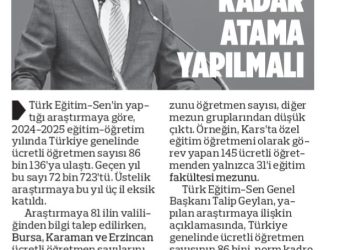 Ücretli Öğretmen Kadar Atama Yapılmalı – Türkgün